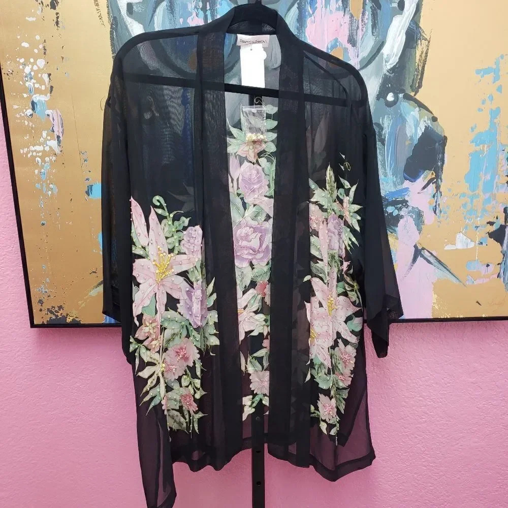 Draper's & Damon's Black with Pink Floral Embroidery Coverup